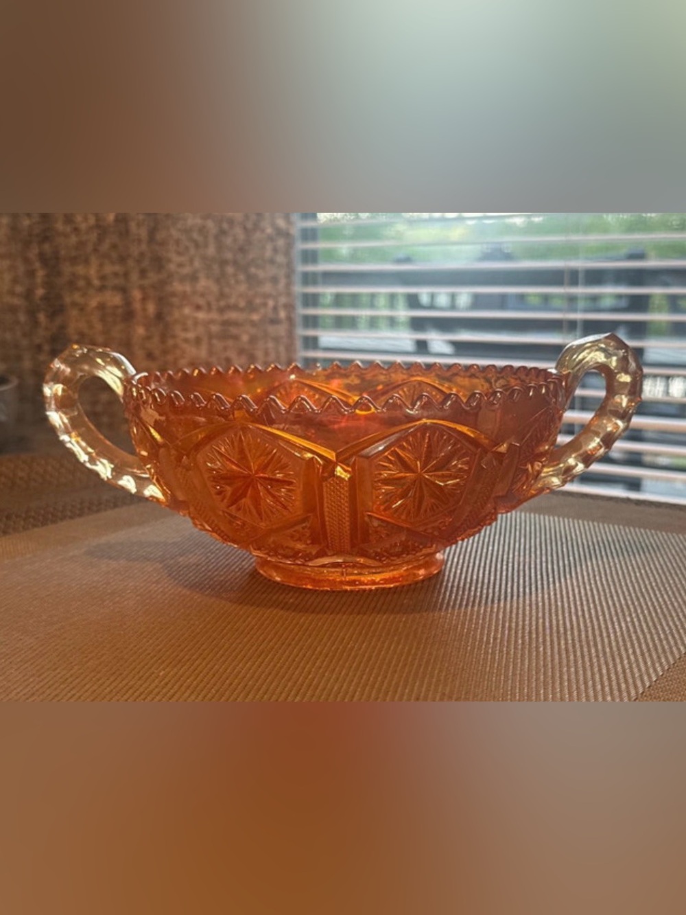 Vintage Marigold Imperial Carnival Glass Bowl 2 handled, Saw Tooth Edge